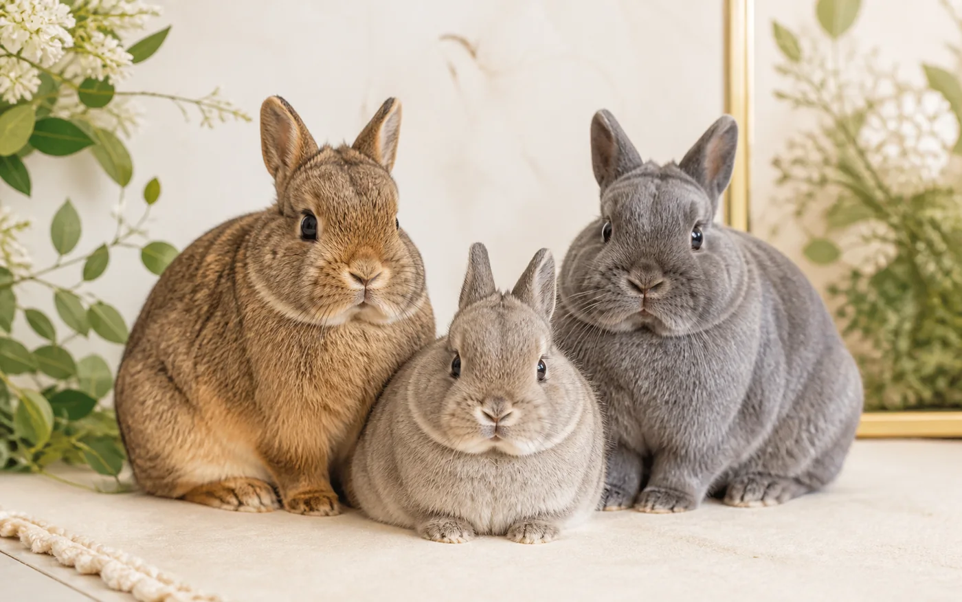 A young Netherland Dwarf rabbit with its parent rabbits