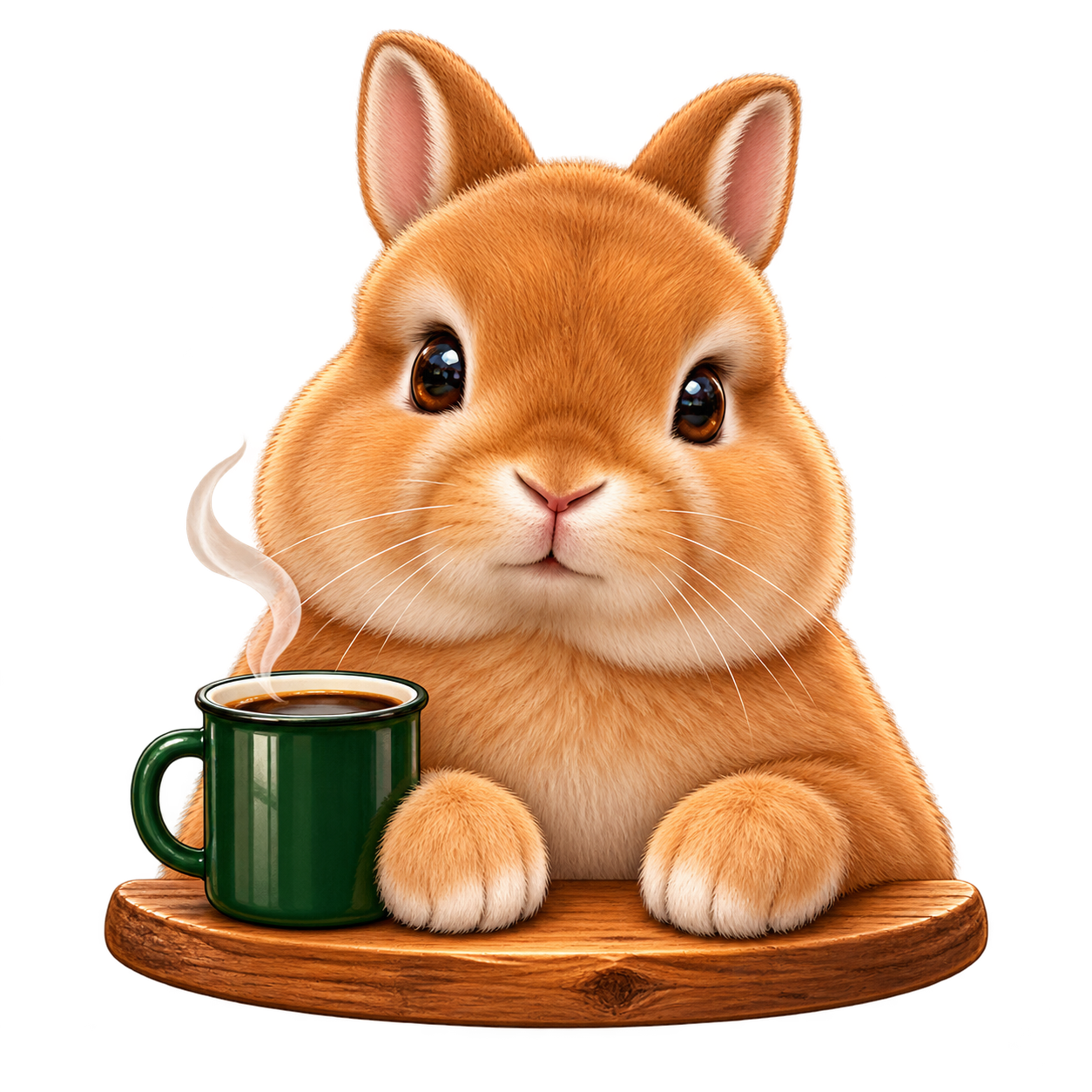 Fawn Netherland Dwarf rabbit beside a warm cup of coffee